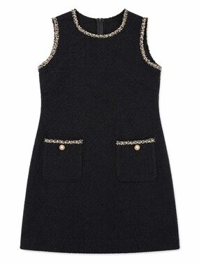 Sleeveless Black Tweed Dress with Pearl Pocket Detail